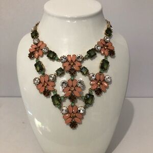 Stella & Dot Pink And Green Flower Statement Floral Crystal Jewel Bib Necklace